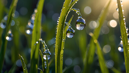 Dew drops glistening on the grass