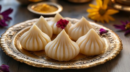 Six sweet dumplings arranged on an ornate gold plate, garnished with rose petals and surrounded by flowers and turmeric.