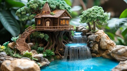 Fototapeta premium Miniature Treehouse Waterfall Landscape
