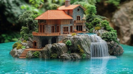 Stone House on Island Waterfall Lake