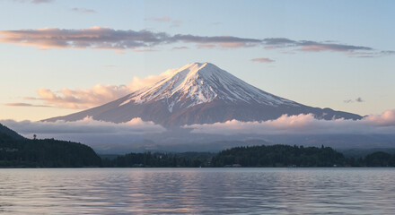 Majestic Mount Fuji Reflecting on Calm Water at Sunrise  