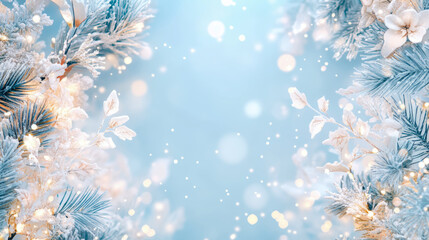 Festive Winter Holiday Season Card: Snowy Floral Frame Adorned with Glowing Bokeh Lights on a Light Blue Backdrop