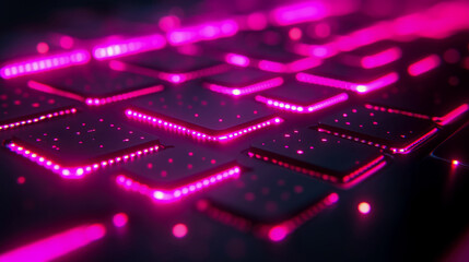 Neon Keyboard Concept: A luminous display of interconnected keys glowing in vivid magenta, creating a modern tech interface