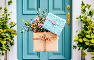 Naklejka premium Celebration gift on blue door, holiday surprise.