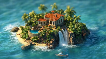 Obraz premium Secluded Tropical Island Villa with Waterfall
