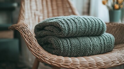 A cozy, folded knit sweater in a muted shade resting on a wicker chair, creating a warm and inviting atmosphere