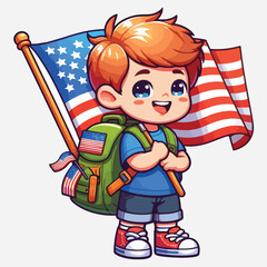 Cute Kid Holding US Flag. Happy American boy with backpack. Vector illustration isolated on white background stock illustration