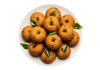 A plate full of deep fried masala vadas made with lentils and herbs isolated on transparent background