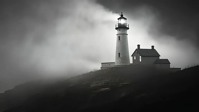 Lighthouse in Foggy Night