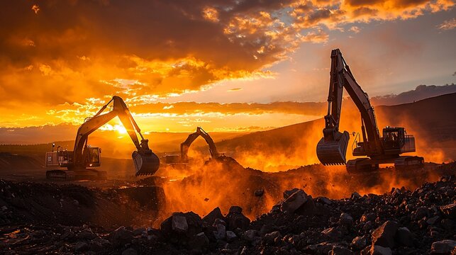 Excavators mining at sunset, dust and rocks. Industry use