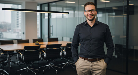 Smiling Businessman in Modern Office Environment