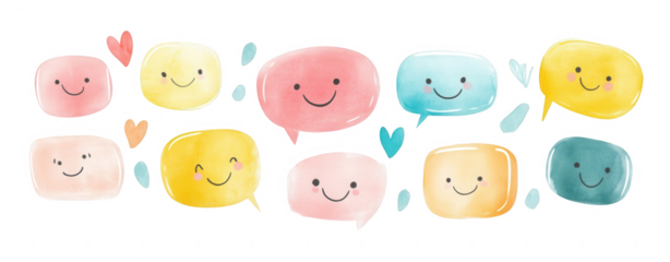 Hand-drawn, cute cartoon speech bubbles with smiling faces, isolated on a white background, png