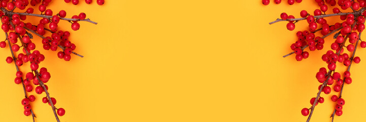 Frame made of red winterberry branches on a yellow background.