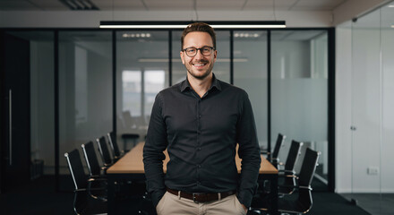 Smiling Businessman in Modern Office Environment