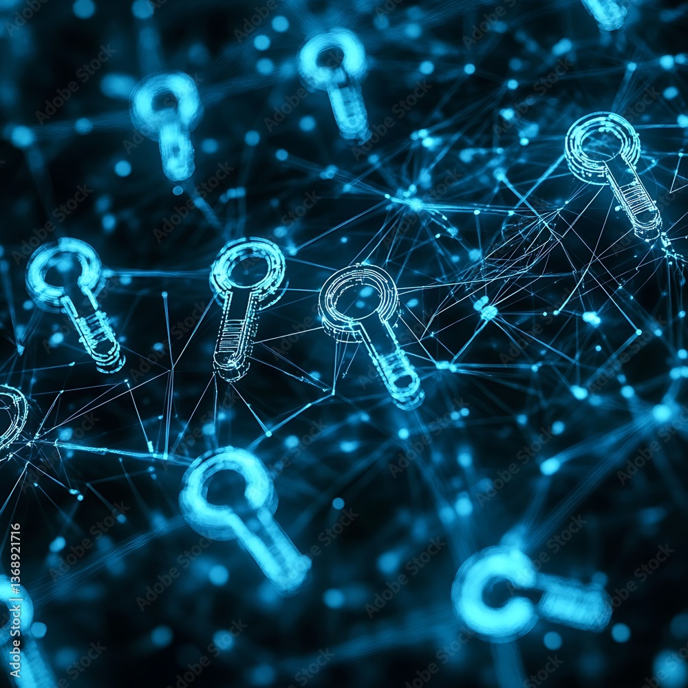 Poster abstract digital network of interconnected search icons. a complex network of glowing search icons, 
