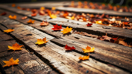 Maple leaves fall on old wooden boards.