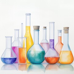 Hyperrealistic watercolor of assorted flasks and beakers filled with colorful liquids, soft light bouncing off glass, hand painted style, clean scientific