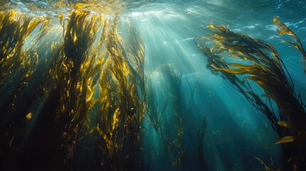 Obraz premium Underwater kelp forest with sun rays ocean sea life nature beauty