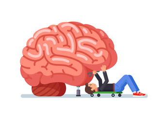 Fix the brain. Memory problem. Mechanic repairs. Restore thoughts. Modern flat style thin line vector illustration isolated on white background