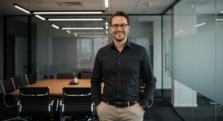 Smiling Businessman in Modern Office Environment