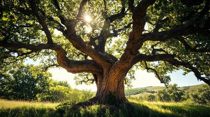 Fototapeta premium Majestic old oak tree with textured bark and sprawling branches, bathed in sunlight filtering through lush green leaves.