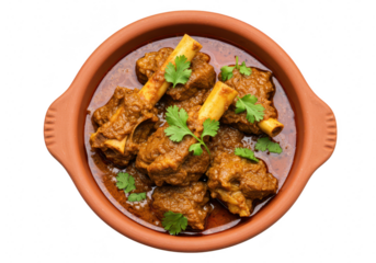 A clay bowl filled with rich and spicy mutton curry garnished with fresh coriander isolated on transparent background