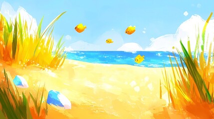 Tropical beach scene with sand, sea, blue sky, golden fish, and lush grass. Colorful illustration