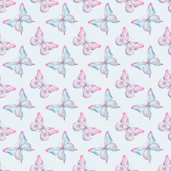 Seamless pattern with hand drawn colorful watercolor butterflies on the blue background. Perfect for textile, wrapping paper, fabric, backdrop, wall hanging, scrapbooking, home decoration, bedding