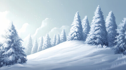 Fototapeta premium Snowy landscape with frosted trees on a hill. Frosted Serenity. Illustration