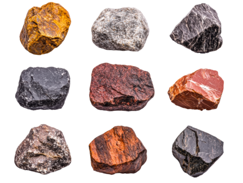 Collection of various natural rocks for educational purposes on a transparent background, cut out