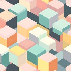 Obraz premium Abstract Cubes Pattern: An eye-catching seamless pattern features an array of vibrant, geometric cubes in an isometric perspective. Showcasing a blend of soft pastel colors.