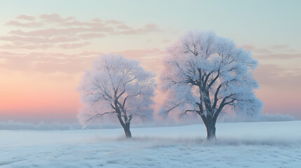 Two trees in a frosted field at dawn. Frosted Serenity. Illustration