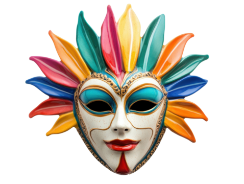 Vibrant carnival mask with colorful feathers for festive occasions on a transparent background, cut out