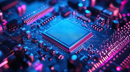 Futuristic technology circuit board with processor and neon glow effect