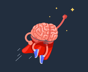 super-brain, flies into the sky in a red cloak. Modern flat style thin line vector illustration