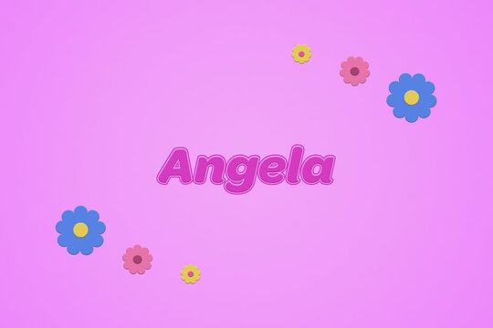 Angela female girl name illustration in pink with blossoms, flowers
