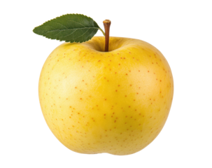 Delicious yellow apple with green leaf on top for healthy living on a transparent background, cut out