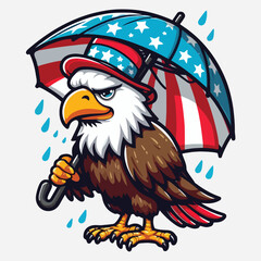 Funny eagle with American flag umbrella. Cartoon styled vector illustration. stock illustration
