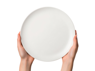 Hands holding a blank plate ready for serving or presenting food on a transparent background, cut out