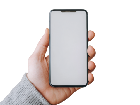 Hand holding a smartphone with blank screen for customization on a transparent background, cut out