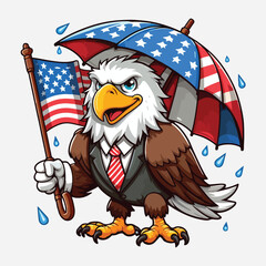 Funny eagle with American flag umbrella. Cartoon styled vector illustration. stock illustration
