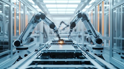 Robotic arms in automated factory for manufacturing and assembly line