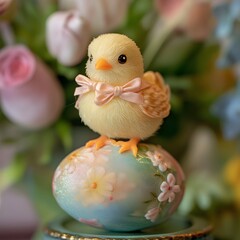Fluffy chick on decorated Easter egg