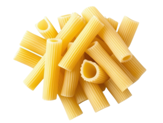 Fresh uncooked rigatoni pasta for Italian cuisine preparation on a transparent background, cut out