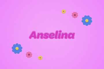 Anselina female girl name illustration in pink with blossoms, flowers