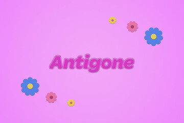 Antigone female girl name illustration in pink with blossoms, flowers