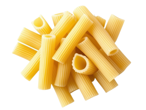 Fresh uncooked rigatoni pasta for Italian cuisine preparation on a transparent background, cut out