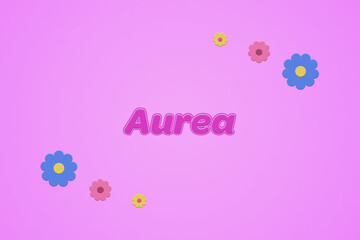 Aurea female girl name illustration in pink with blossoms, flowers