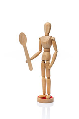 Wooden toy mannequin  holding disposable wooden fork and spoon on a white background.