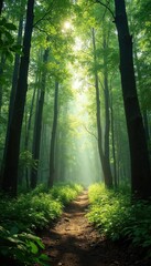 Obraz premium Mystical Forest Path: A Sunlit Trail Through Lush Greenery